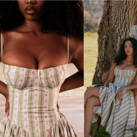 House of CB 'Samaria' sage striped floral print cotton midi dress NWOT - Picture 4 of 10